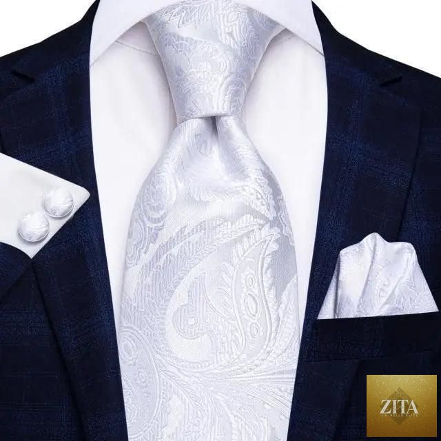 Luxury men's silk necktie, matching pocket square and handkerchief set with cufflinks, formal printed design by Stevvex.