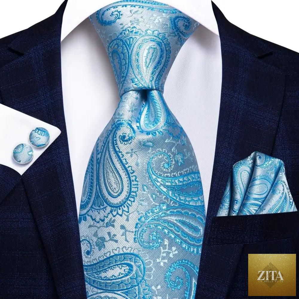 Luxury men's silk necktie, pocket square, handkerchief, and cufflinks set in formal printed design by Stevvex.