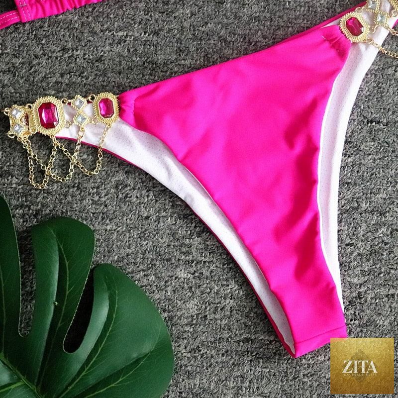 Stevvex luxury purple halter crystal diamond bikini set with rhinestones, low waist, tie side, 2-piece swimwear for women.