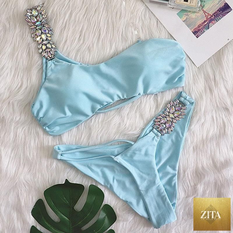 Luxury purple halter crystal diamond bikini for women, low waist tie side swimwear with rhinestones, two-piece bikini set by Stevvex