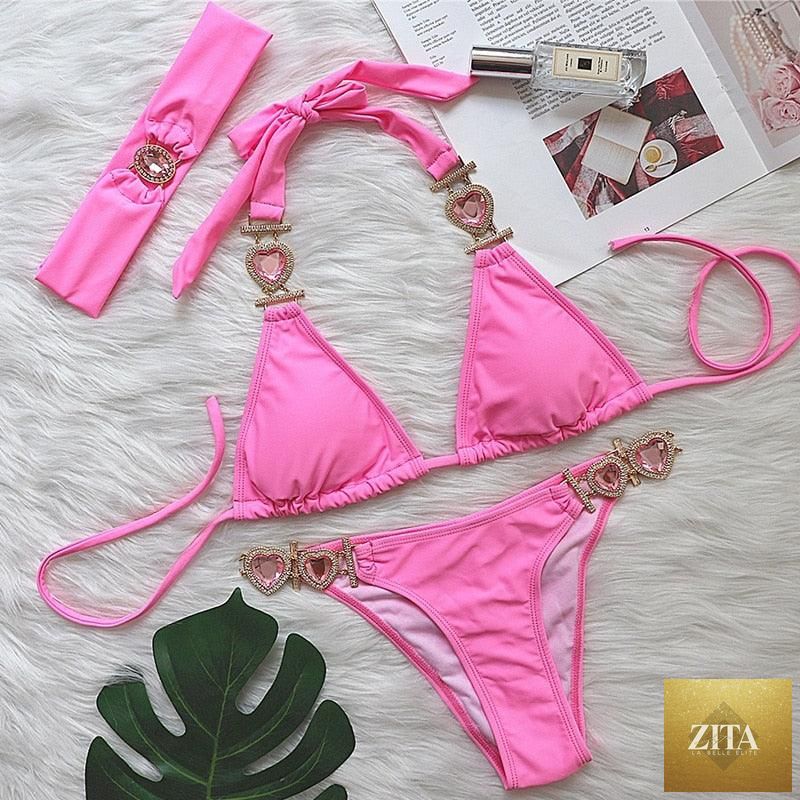 Luxury purple halter crystal diamond bikini for women, two-piece swimwear with rhinestones, low waist, tie side design by Stevvex.