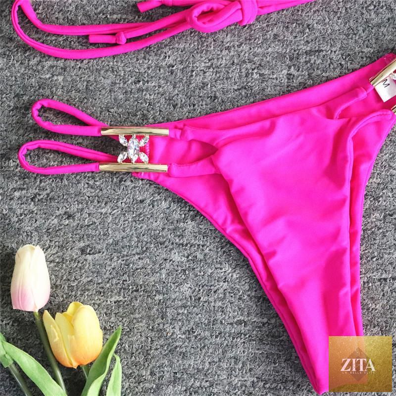 Stevvex luxury purple halter bikini set with crystal diamonds, low waist, tie-side bottoms, and rhinestone embellishments for women.