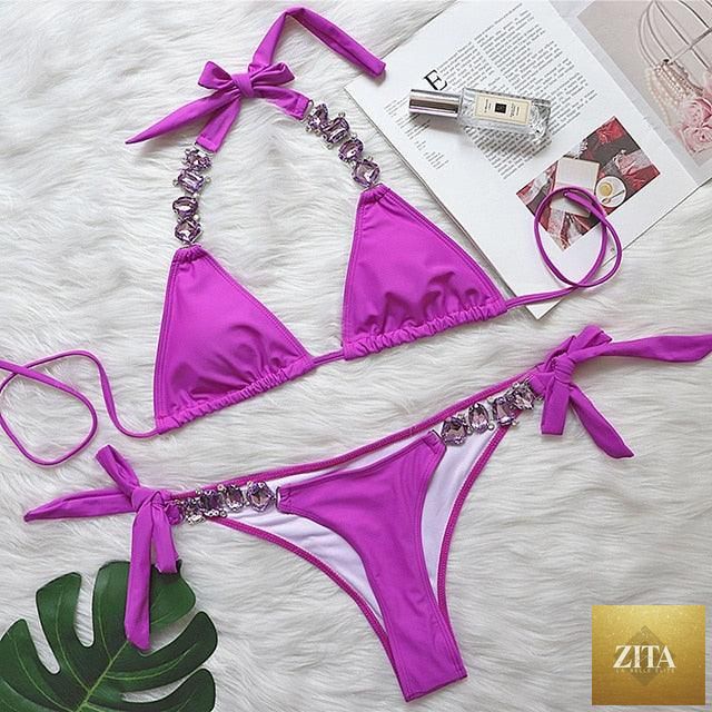 Luxury purple Crystal Diamond bikini by Stevvex, halter style with rhinestones, low waist, tie side, 2-piece women’s swimwear.