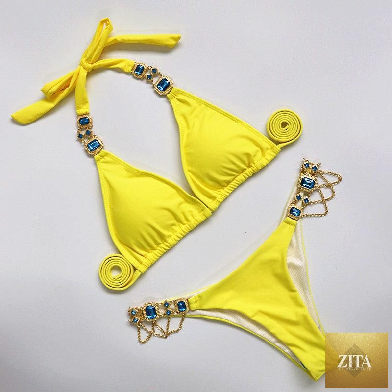 Luxury purple crystal diamond bikini set for women, halter style with rhinestones, low waist tie-side design, two-piece swimwear.