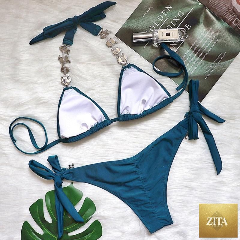 Stevvex luxury purple halter bikini for women with crystal diamonds, low waist tie-side design, two-piece rhinestone swimwear set