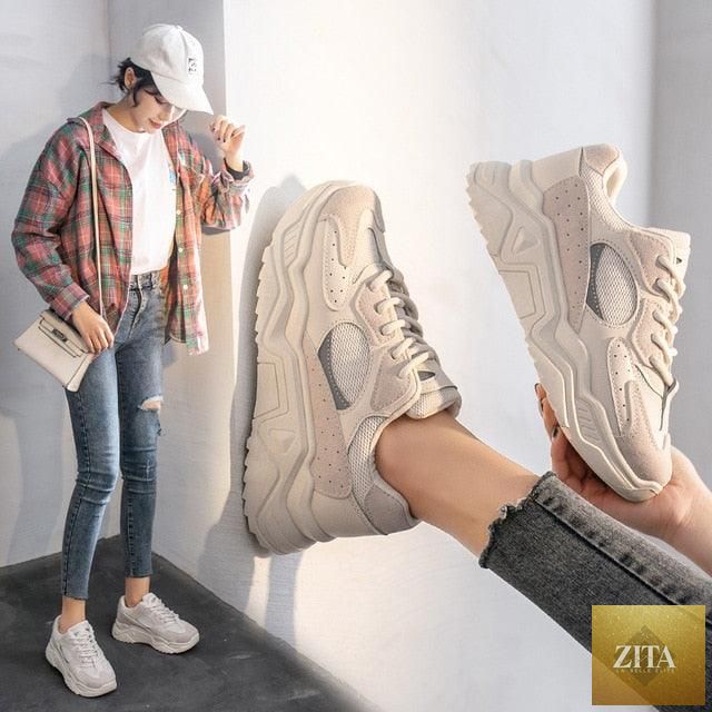 Stevvex women's luxury sneakers with thick soles, round toe, breathable mesh, chunky platform, and non-slip design for walking and running.