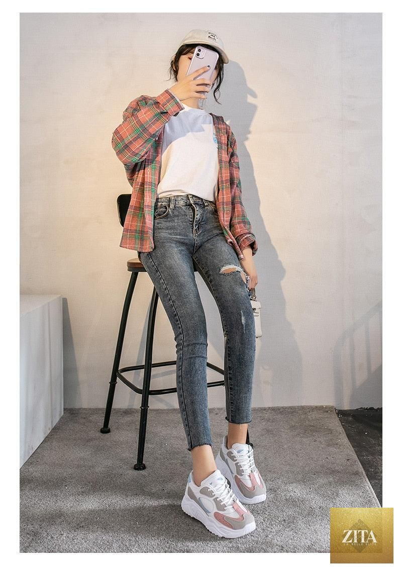 Stevvex women's luxury sneakers with thick soles, round toe, breathable fabric, chunky platform, and non-slip outsole for comfort.