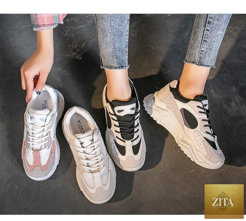 Stevvex women's luxury sneakers with thick soles, round toe, breathable fabric, chunky platform, and non-slip outsole.