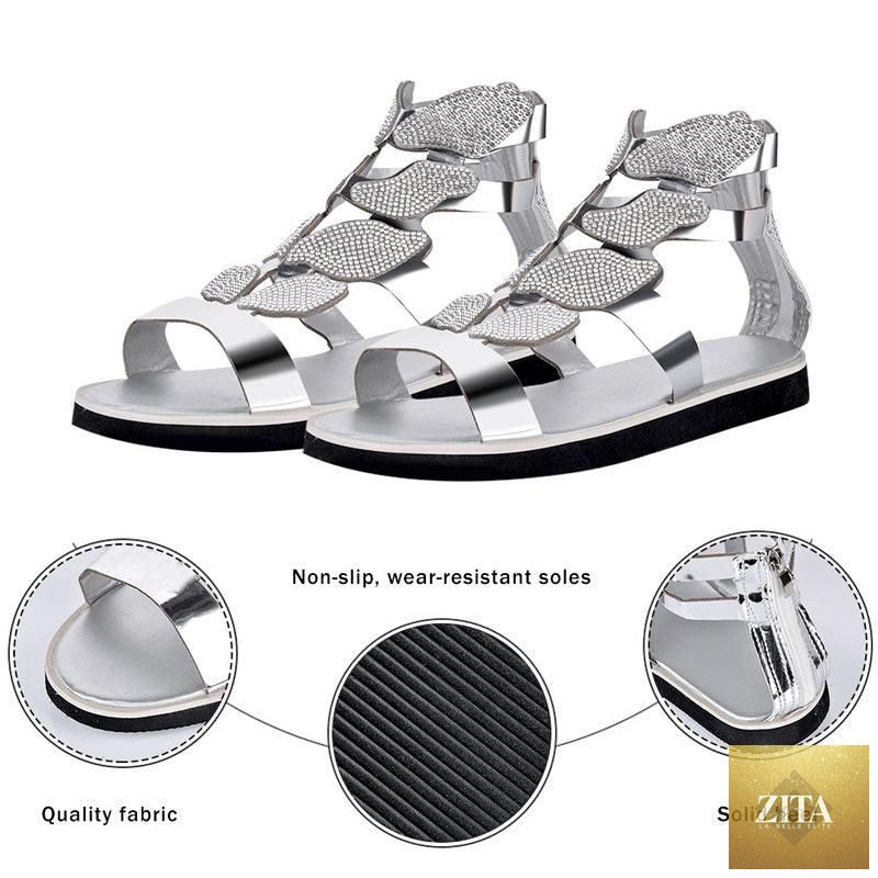 Stevvex luxury summer flat sandals for women with rhinestones, butterfly design, non-slip sole, casual breathable beachwear.