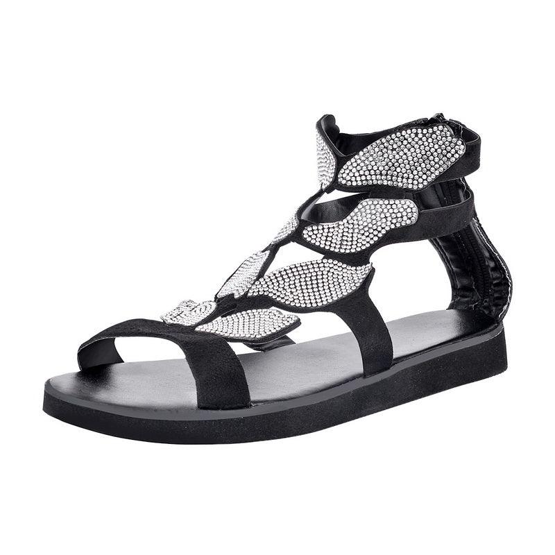 Stevvex women's rhinestone flat sandals with butterfly design, breathable, non-slip sole, perfect for outdoor, beach, and casual wear.