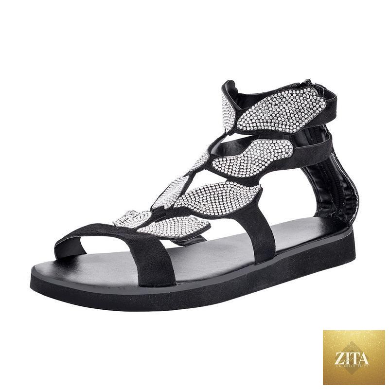 Stevvex luxury summer rhinestone flat sandals for women, butterfly design, non-slip, breathable, casual outdoor beach footwear.