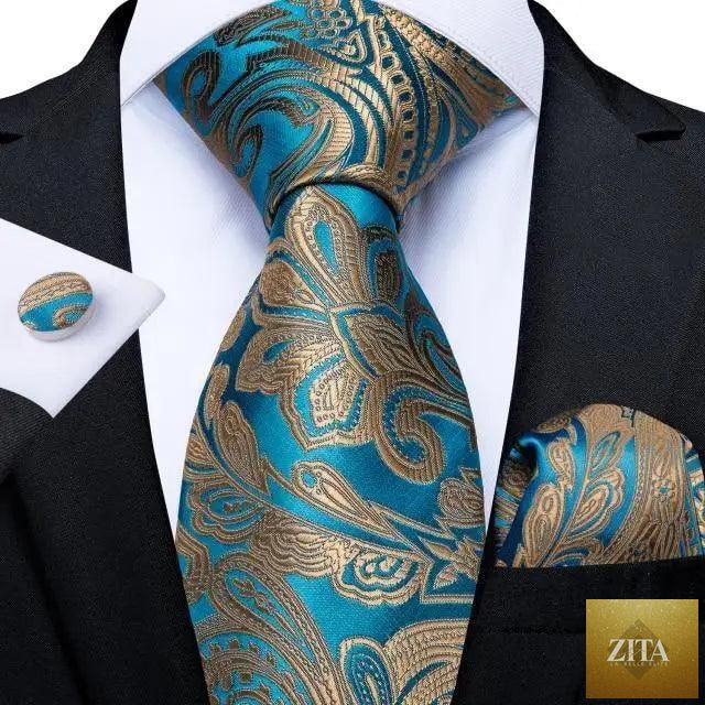 Stevvex luxury wedding floral silk necktie, matching hanky, and cufflinks set for men, classic elegant design for formal occasions
