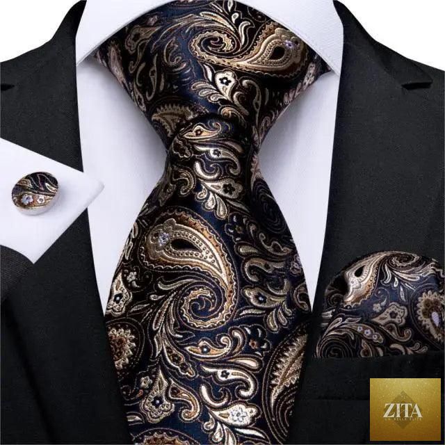 Stevvex luxury wedding floral silk necktie, matching hanky, and cufflinks set for men with classic design for formal occasions