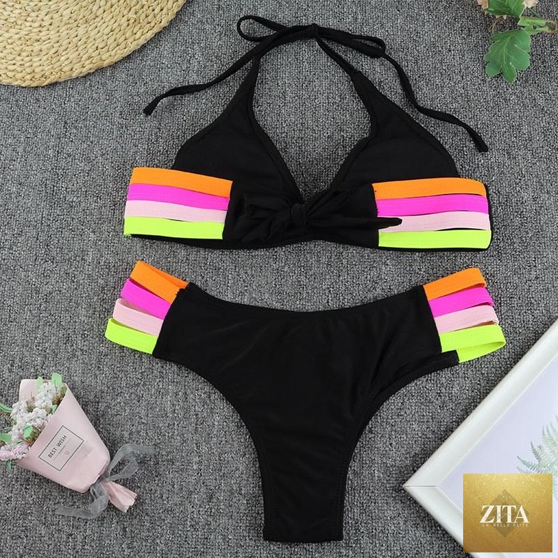 Stevvex luxury black high-waist bikini set, two-piece swimwear for women with push-up design, ideal for beach and poolside.