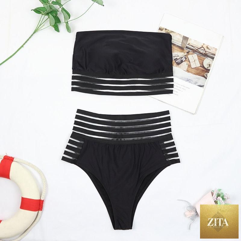 Stevvex luxury women's black high-waist bikini set with push-up style, two-piece bandage swimsuit with beach-ready design.