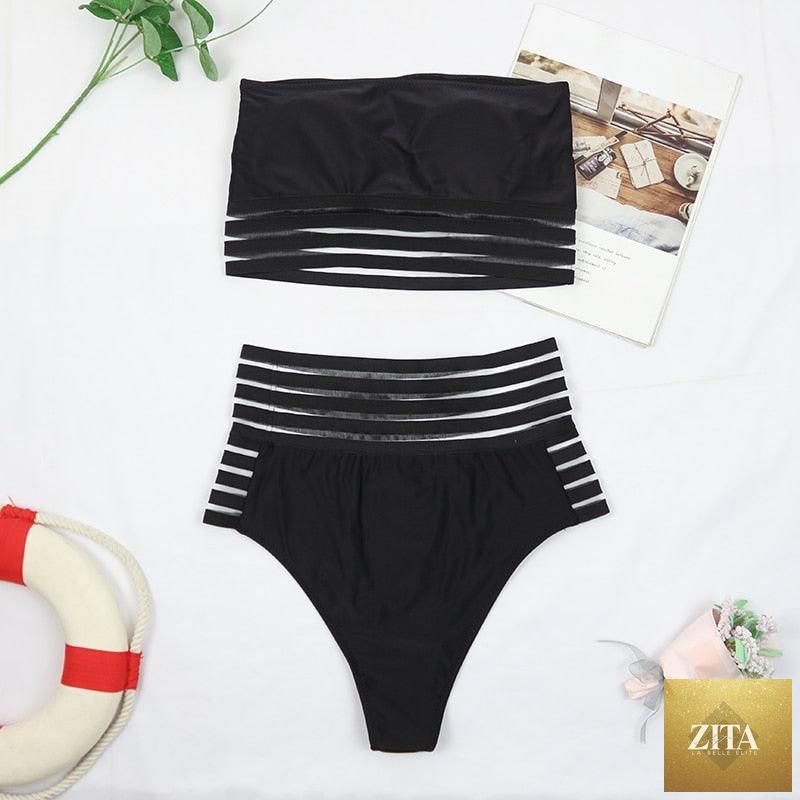 Stevvex luxury women's black high-waist bikini set with push-up design, two-piece bandage swimwear for beach and pool.