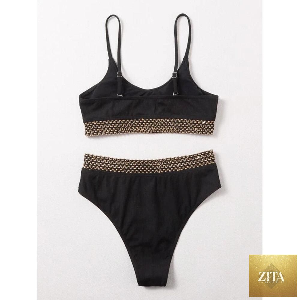 Stevvex luxury women's black high-waist bikini set with push-up style, two-piece bandage swimsuit ideal for beach and swimming.