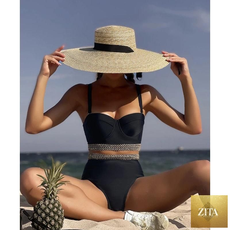 Stevvex luxury women's black high-waist bikini set with push-up design, two-piece bandage swimwear for beach and pool fun.