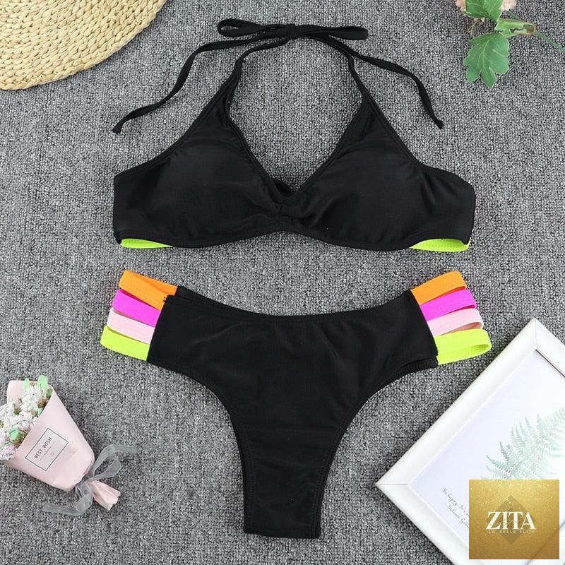 Luxury Stevvex black high-waist bikini set for women, two-piece swimwear with push-up design, perfect for beach and poolside lounging.