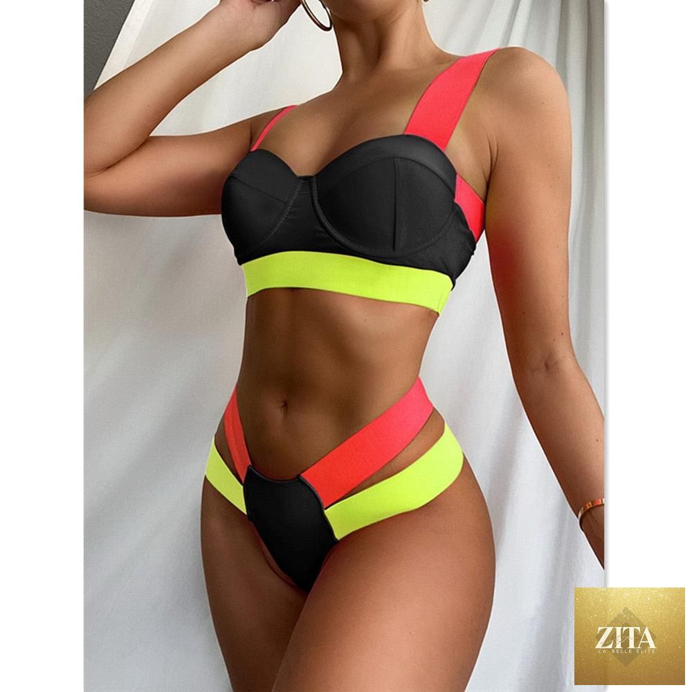 Black high-waist bikini set for women, Stevvex luxury swimwear with push-up design, two-piece bandage bathing suit, beach-ready style.