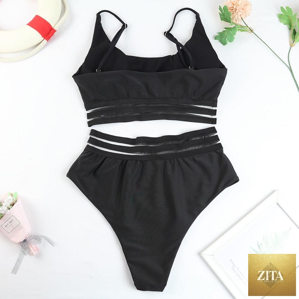 Stevvex luxury women's black high-waist bikini set with push-up top, two-piece bandage swimwear for beach and pool lounging