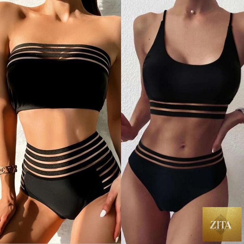 Stevvex luxury women's black high-waist two-piece bikini set with push-up design, perfect for beach and swimwear fashion.