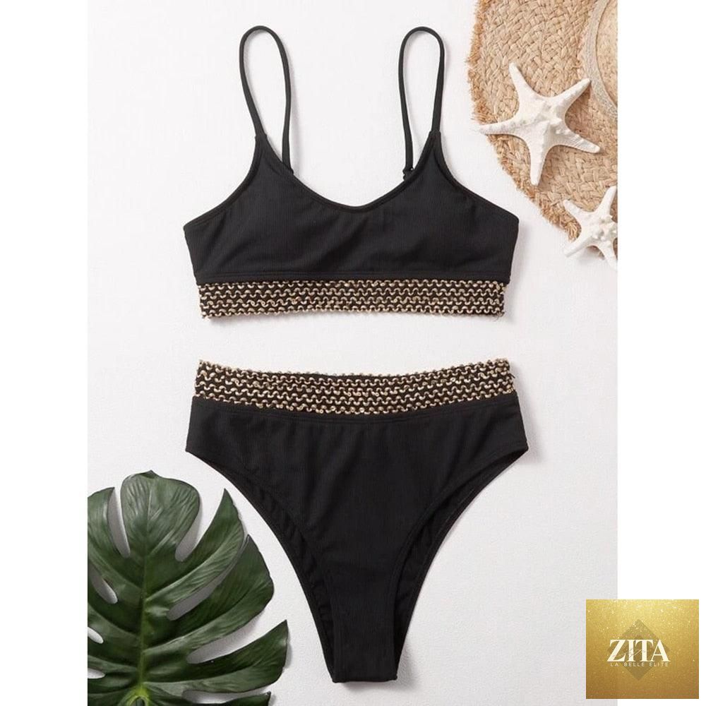 Stevvex luxury black high-waist bikini set for women, two-piece bandage swimsuit with push-up style, perfect for beach or poolside.