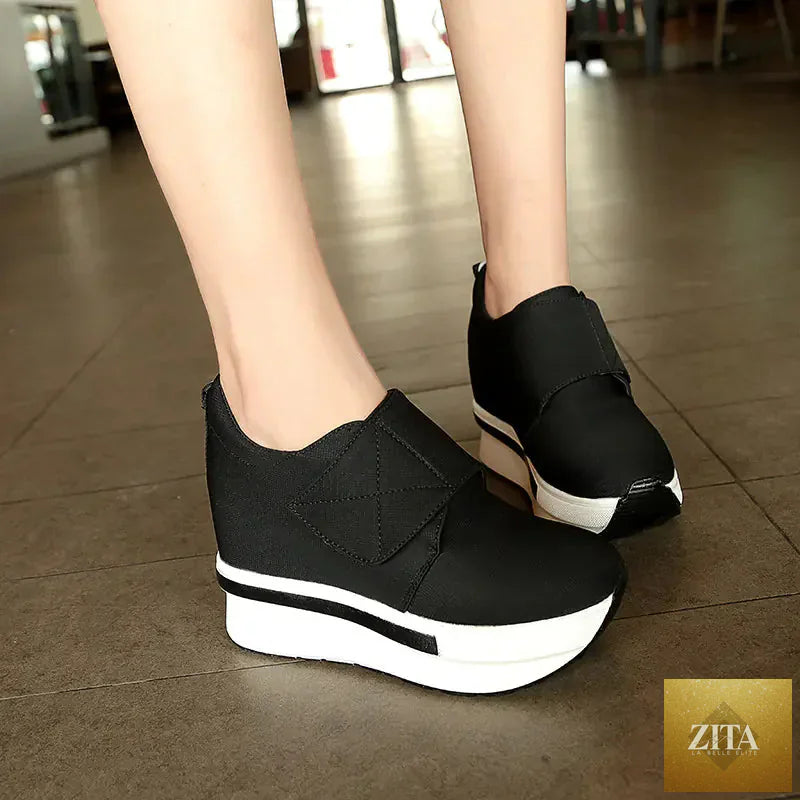 Korean style thick sole platform women sneakers with height increase, trendy design, and comfortable fit.