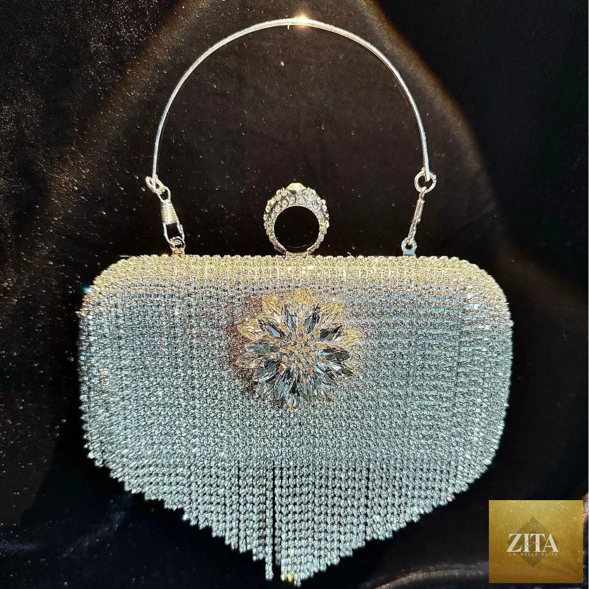 Luxury rhinestones tassel evening clutch bag with a detachable chain, designed for parties and proms by Mariam's Collection.