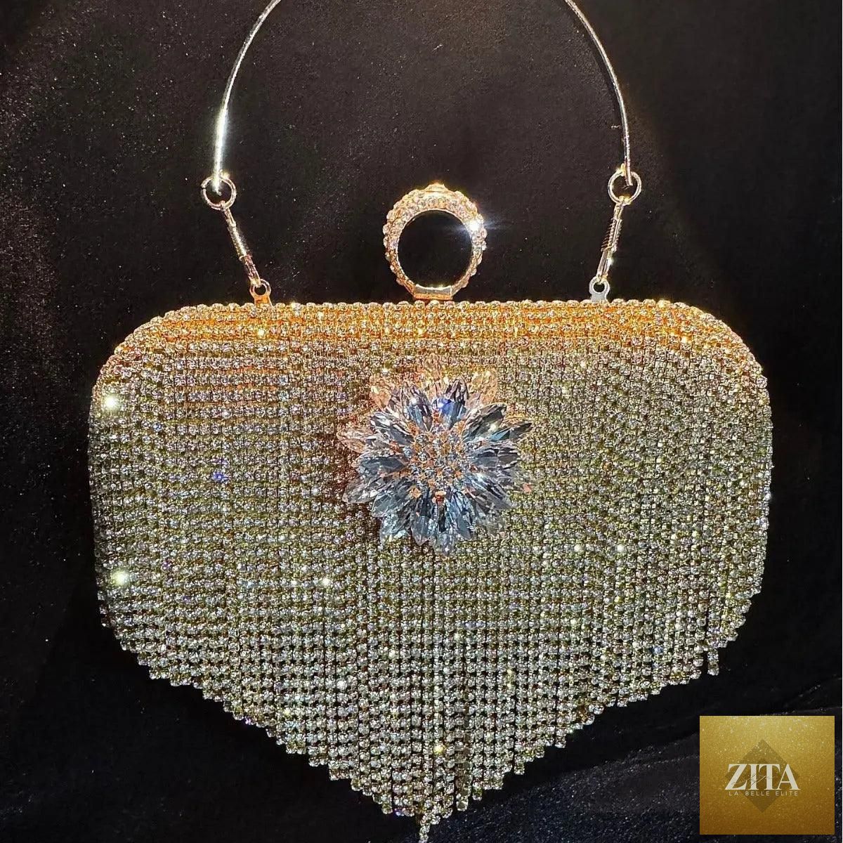 Luxury rhinestones tassel evening clutch bag by Mariam's Collection with a detachable chain, perfect for parties and prom events.