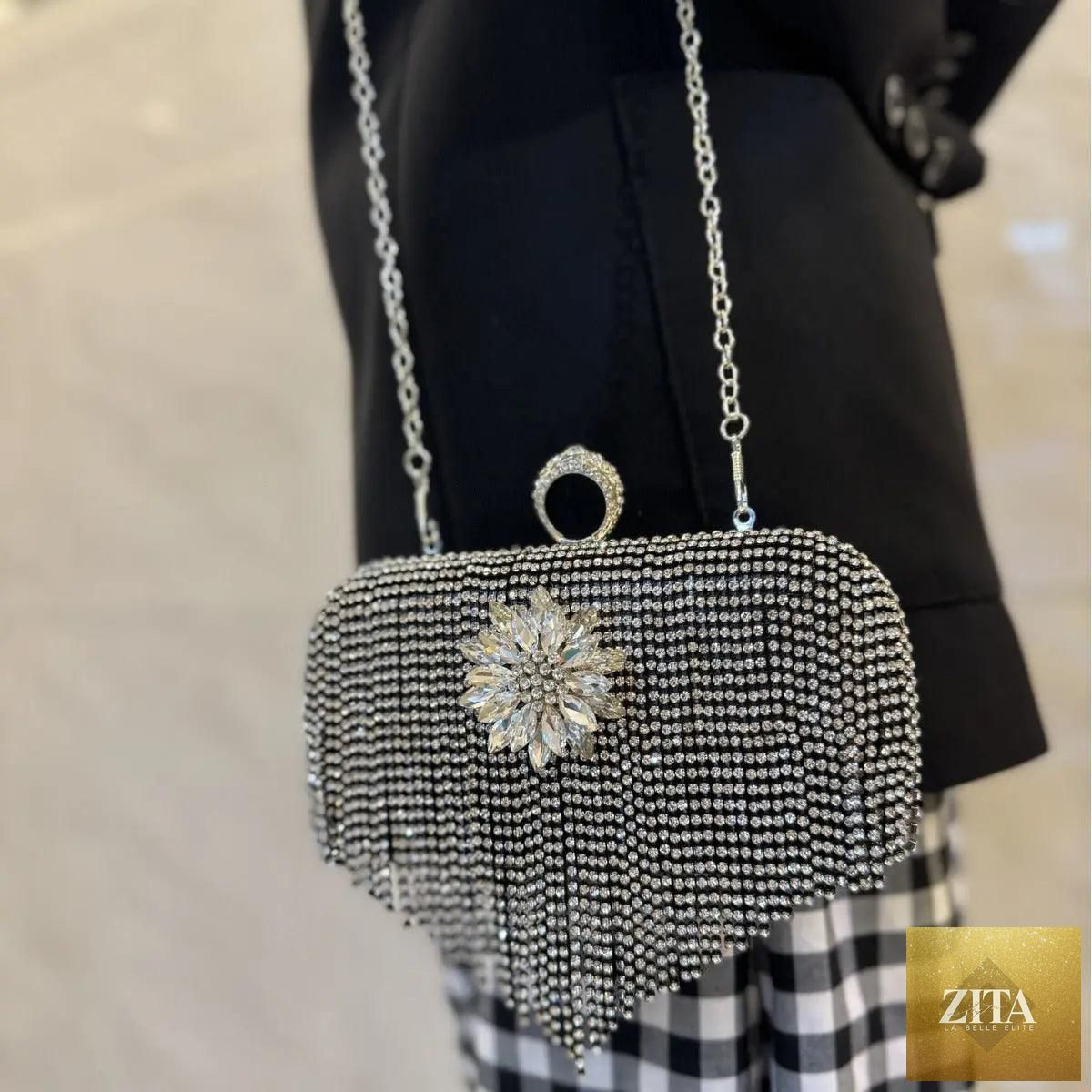 Mariams Collection luxury rhinestones tassel evening clutch bag with detachable chain, perfect for parties and prom events.