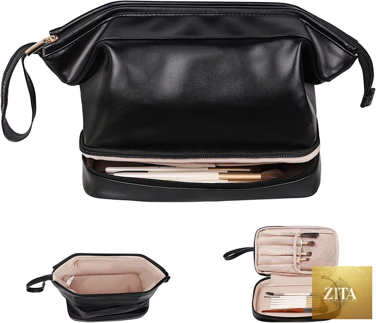 Dashing Nova compact makeup and toiletry bag with multiple compartments and a brush slot, ideal for travel organization.