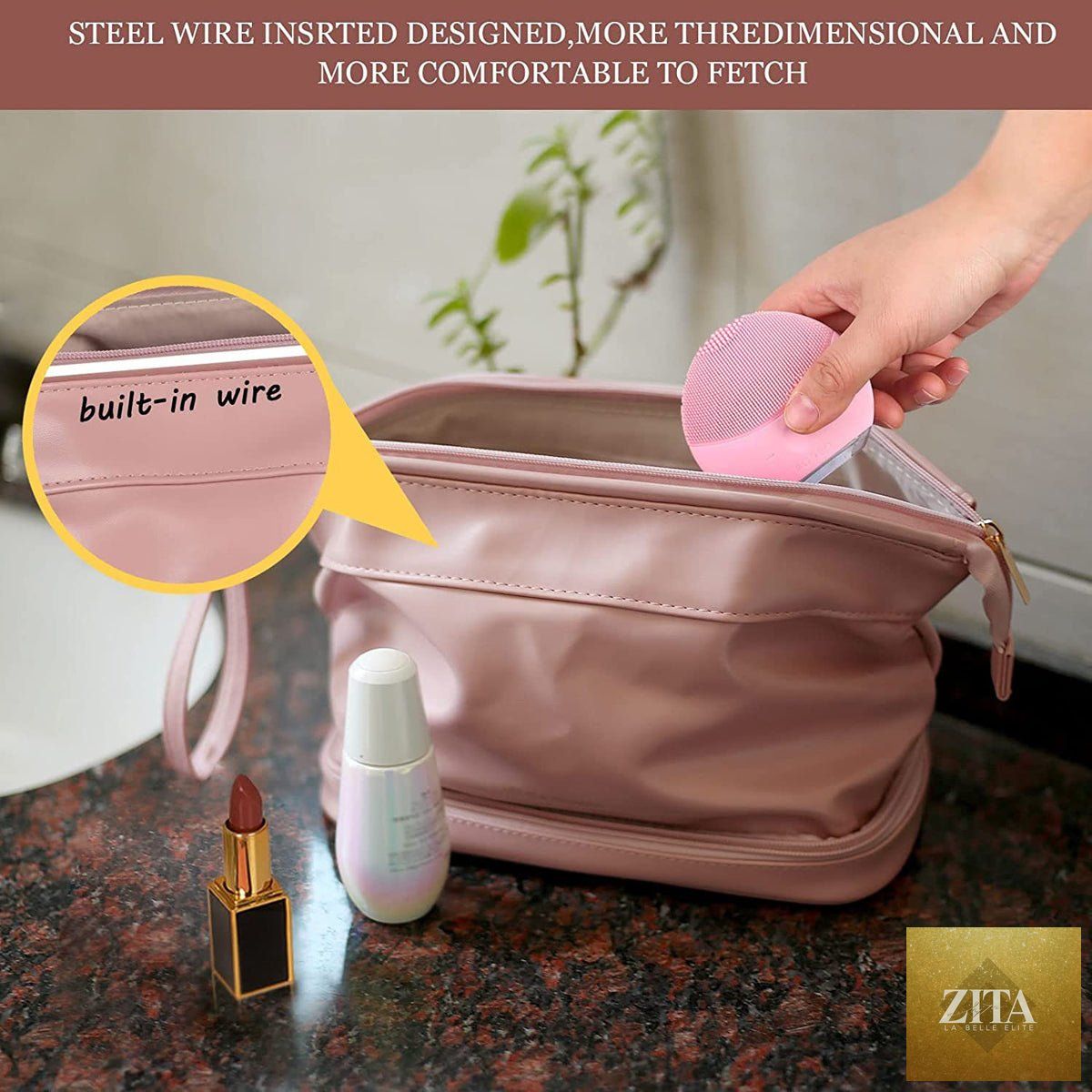 Dashing Nova compact makeup and toiletry bag with large capacity, travel organizer, and built-in brush slot for cosmetics and toiletries.