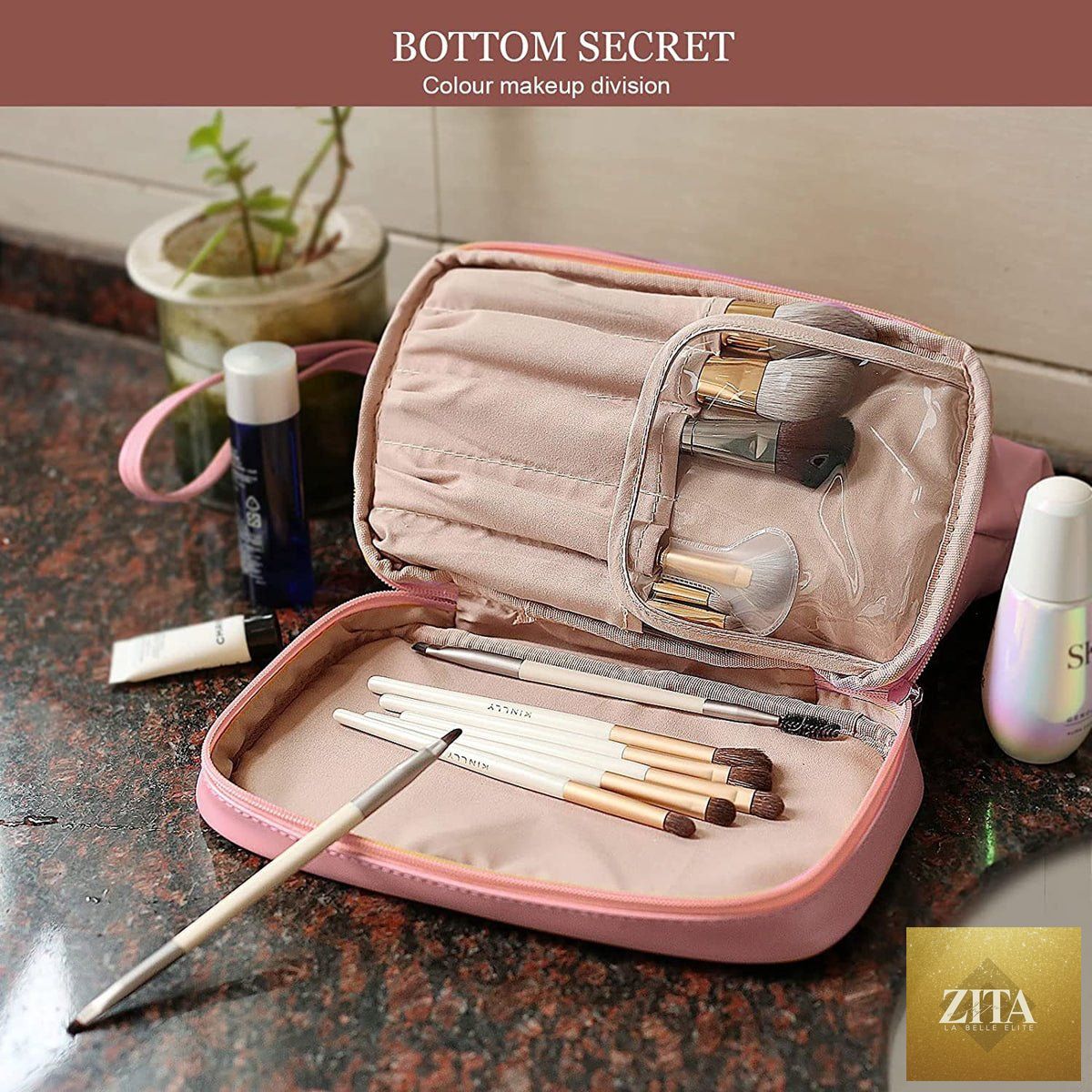 Dashing Nova compact makeup and toiletry bag with brush slot, portable travel organizer, large capacity for cosmetics and toiletries.