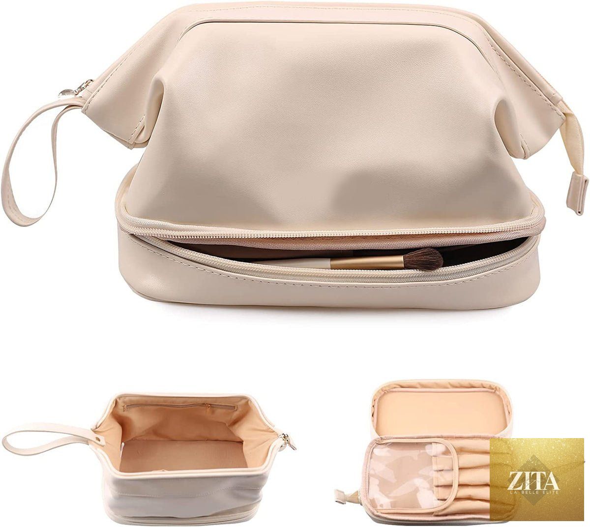 Dashing Nova compact makeup and toiletry bag with multiple compartments, including a brush slot, for travel organization.