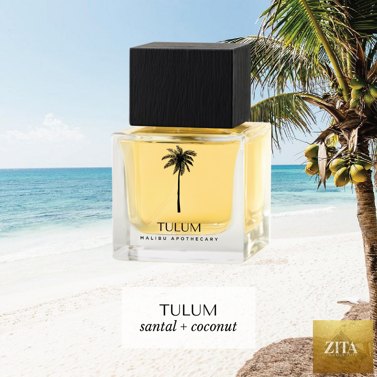 Malibu Apothecary Tulum 50mL roller parfum bottle with scent card, showcasing the elegant fragrance packaging and rollerball applicator.