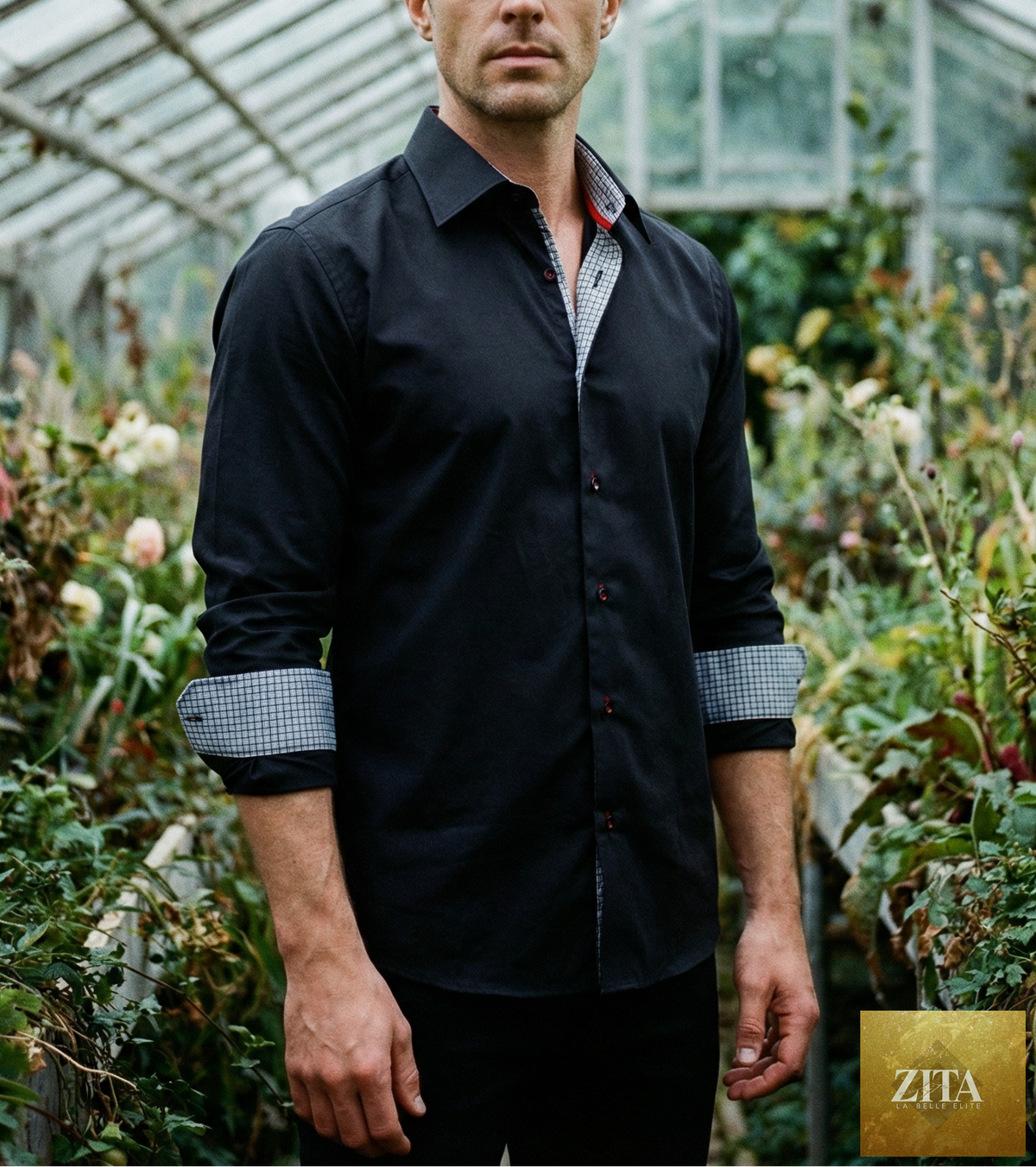 Man wearing black LEVINAS® cotton knit-stretch button-up shirt with contrast details, tailored fit, and long sleeves.