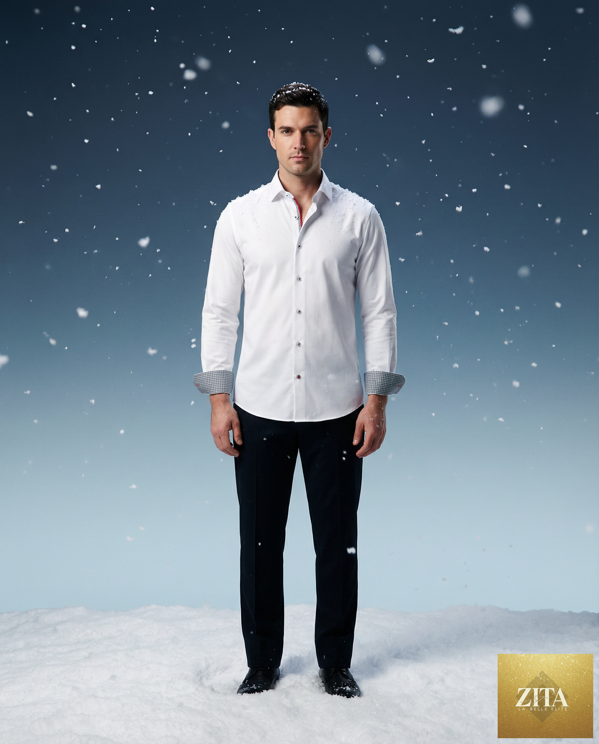 Man wearing LEVINAS® white cotton knit-stretch button-up shirt with contrast details, tailored fit, and long sleeves.