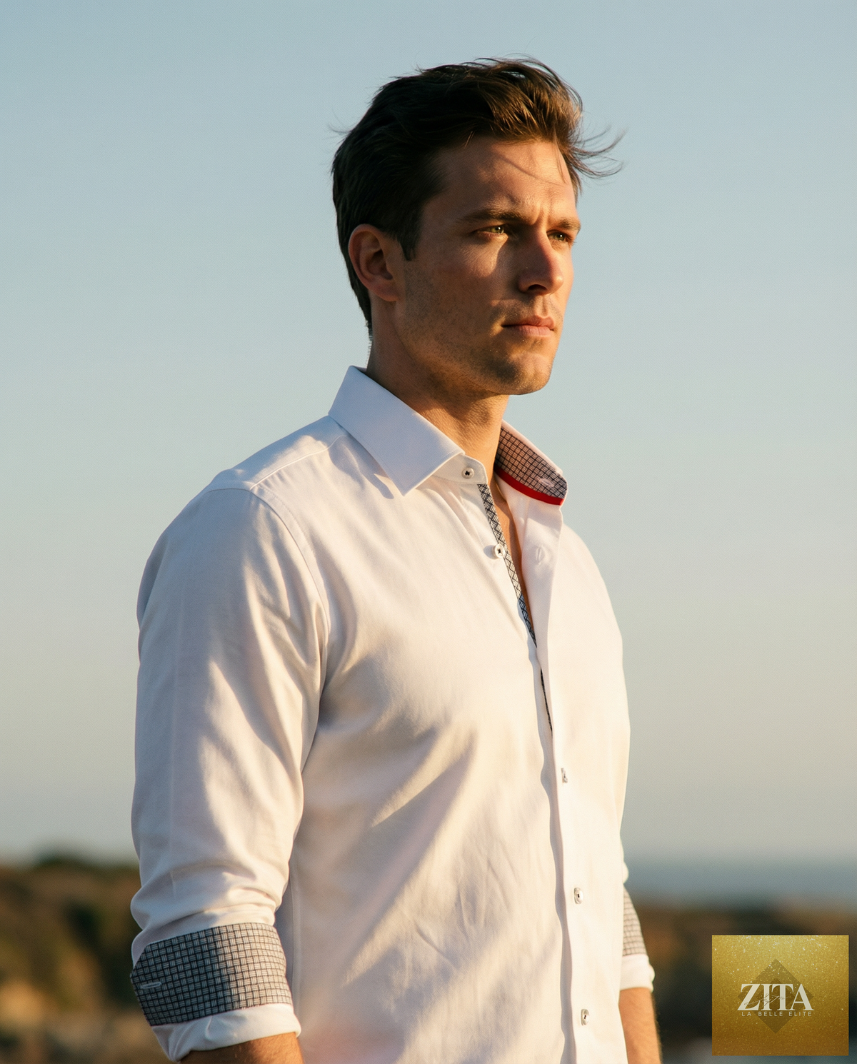 Man wearing a white LEVINAS® Cotton Knit-Stretch button-up shirt with contrast details, tailored fit, and long sleeves.