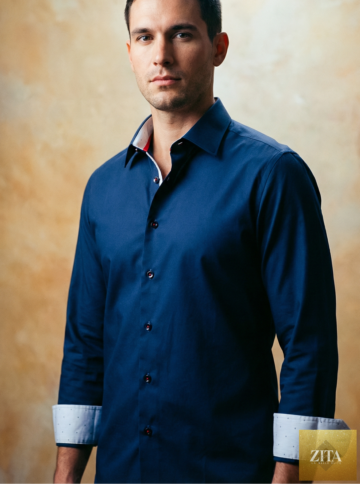 Man wearing LEVINAS® navy button-up shirt with contrast details, contemporary fit, and long sleeves, casual men's shirt for everyday wear.