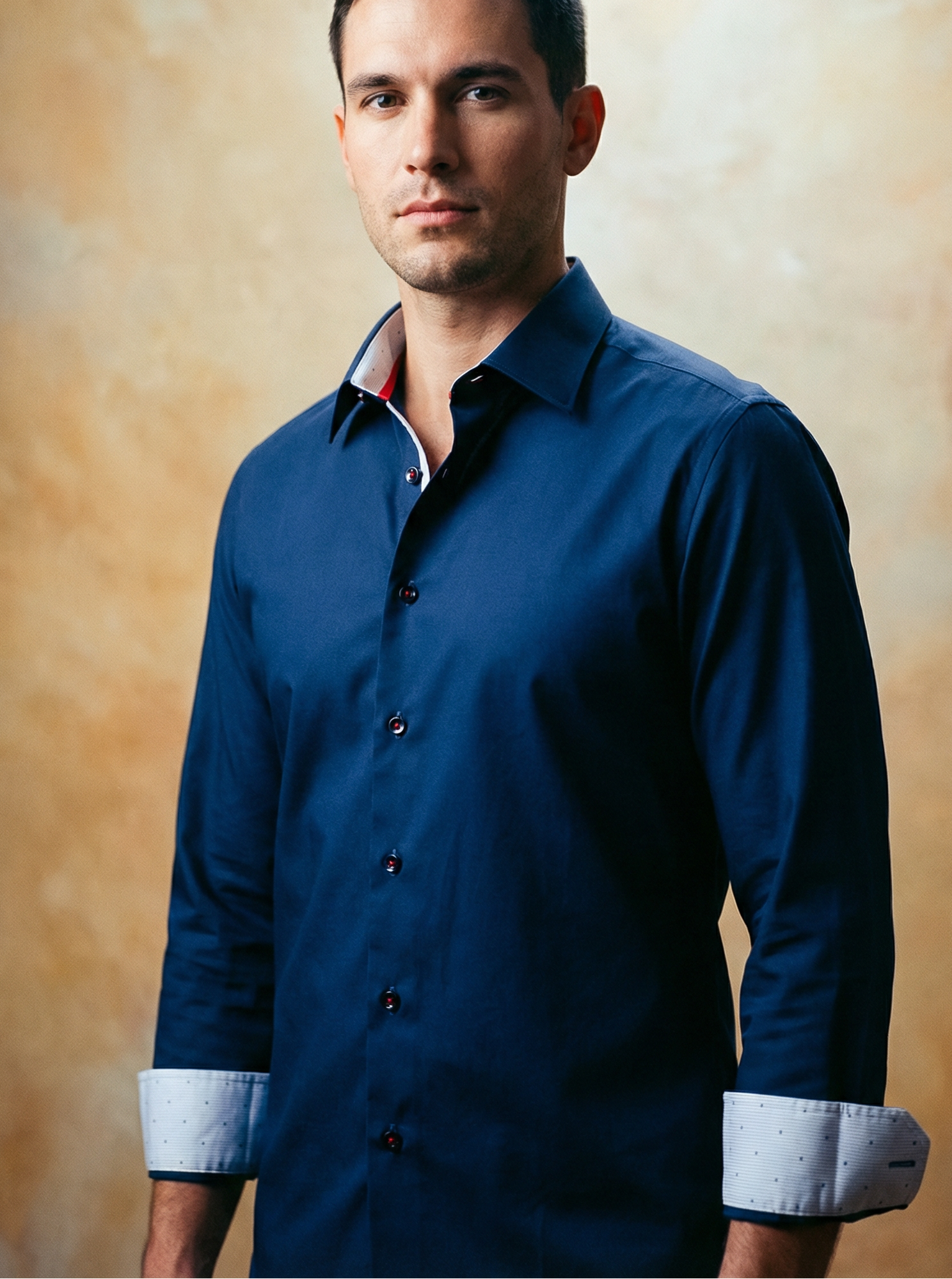 Man wearing LEVINAS® navy button-up shirt with contrast details, contemporary fit, and long sleeves, casual men's shirt for everyday wear.