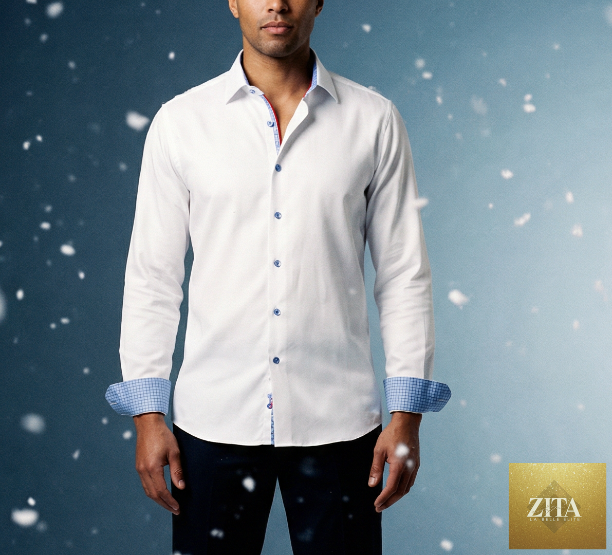 Man wearing a white LEVINAS® cotton knit-stretch button-up shirt with contrast details and tailored fit, showcasing the stylish design.
