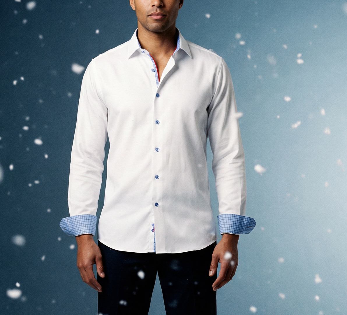 Man wearing a white LEVINAS® cotton knit-stretch button-up shirt with contrast details and tailored fit, showcasing the stylish design.
