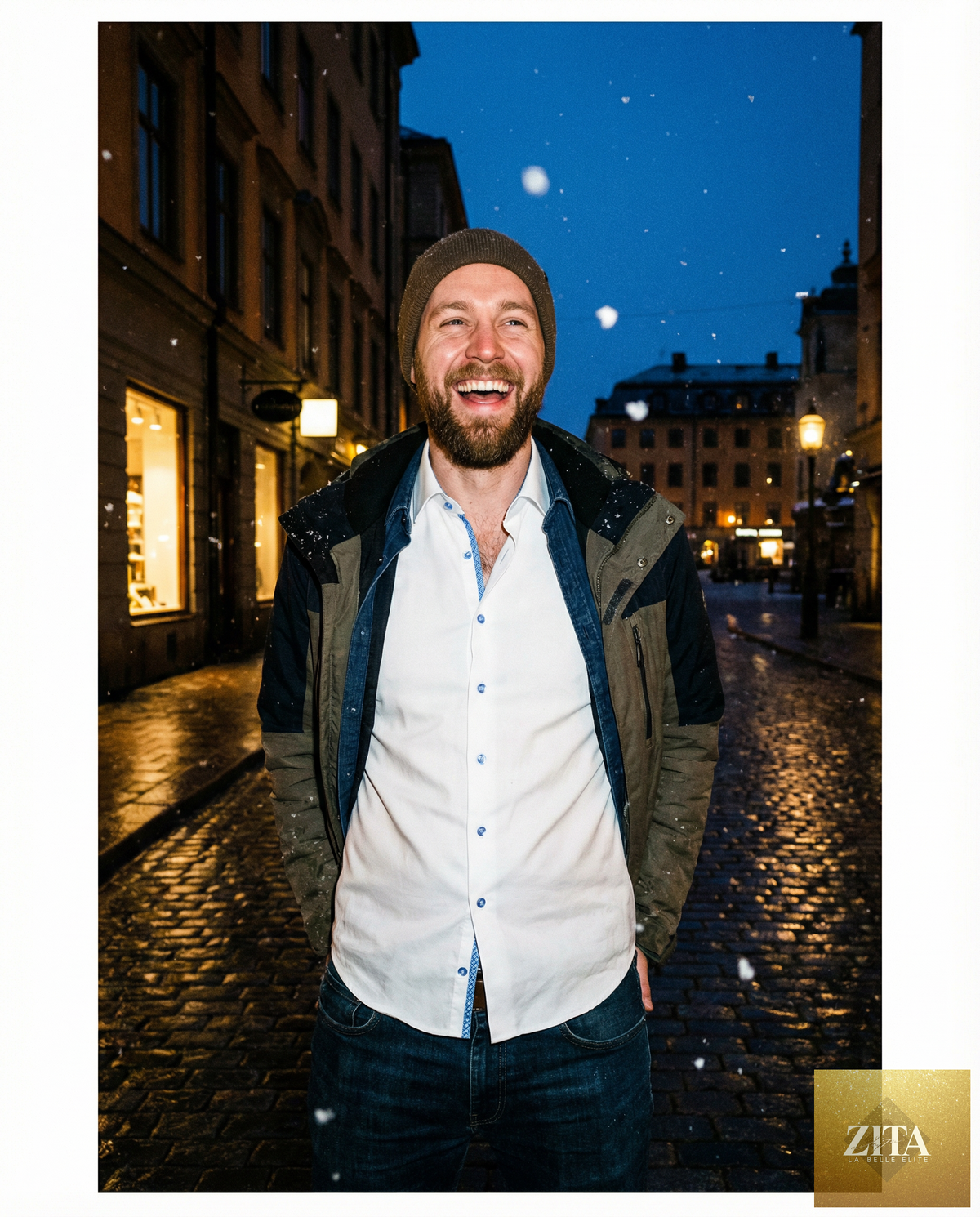 Man wearing a white LEVINAS® cotton knit-stretch button-up shirt with contrast details and tailored fit, front view.