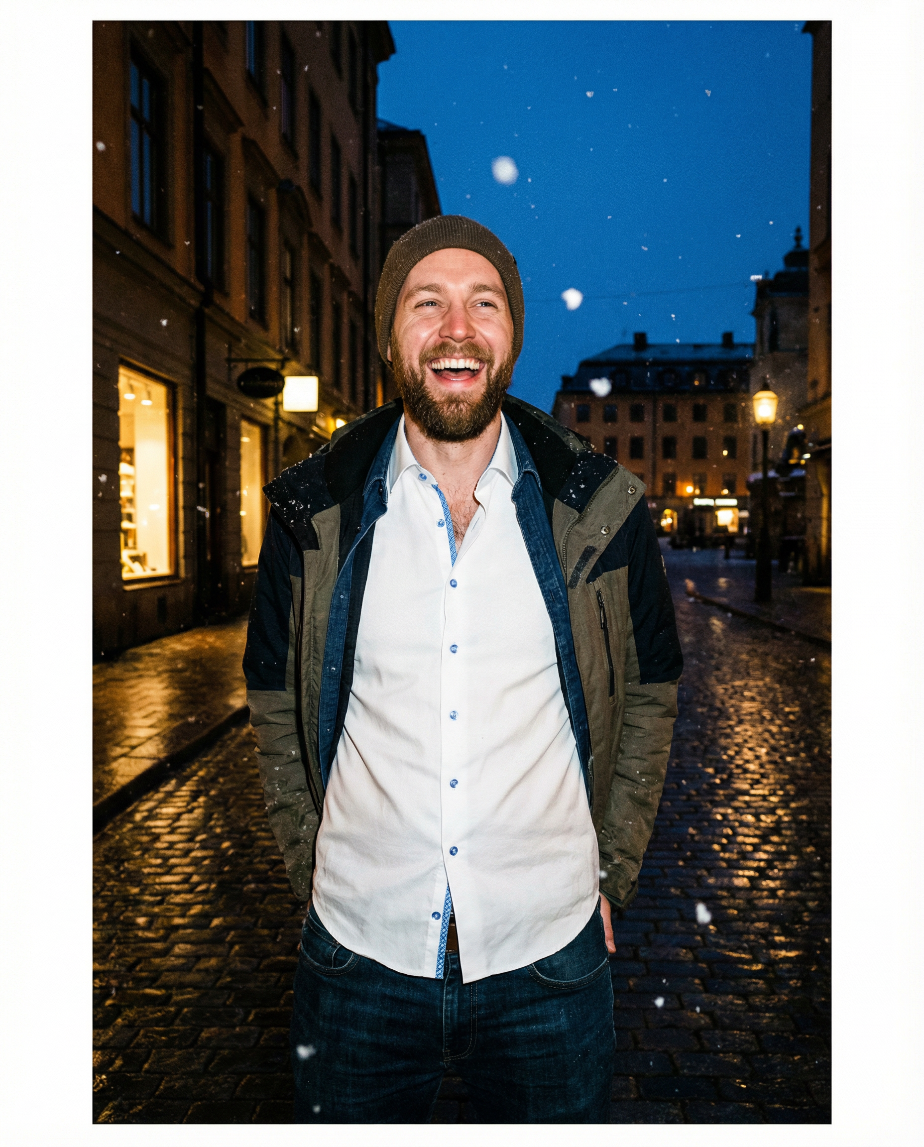 Man wearing a white LEVINAS® cotton knit-stretch button-up shirt with contrast details and tailored fit, front view.