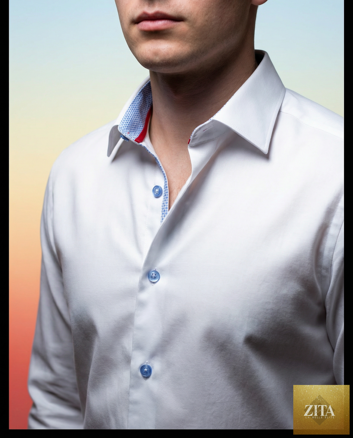 Man wearing a white Scott Cotton Knit-Stretch Button-Up Shirt with contrast details, tailored fit, by LEVINAS® Official.