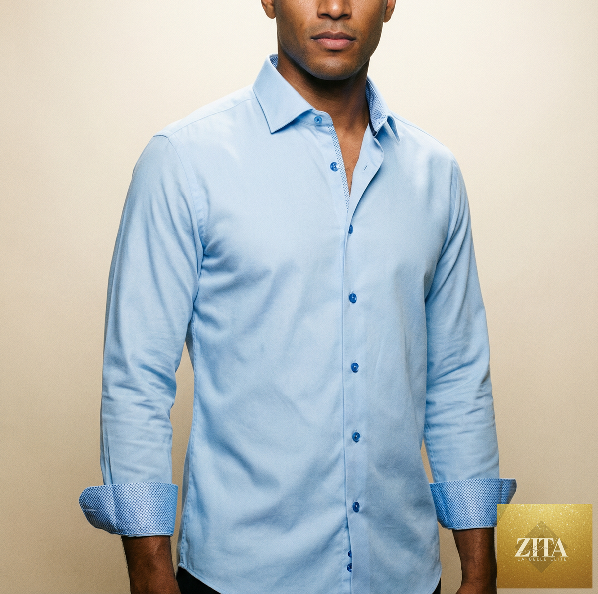 Man wearing LEVINAS® blue cotton knit-stretch button-up shirt with contrast details, tailored fit, and long sleeves.