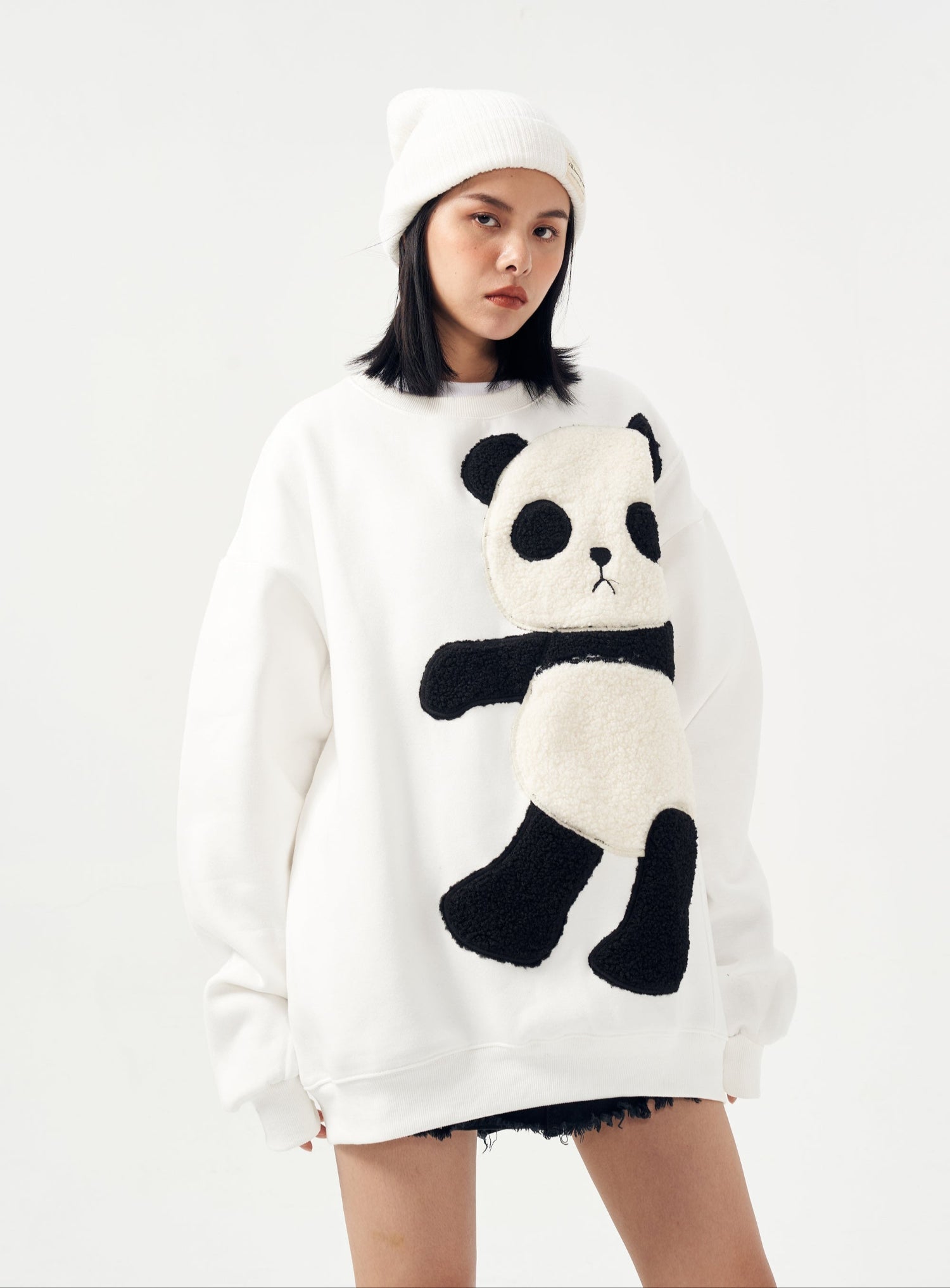 Niepce MAR1081 Furry Panda crewneck sweater with soft, plush panda design on a cozy knit fabric.