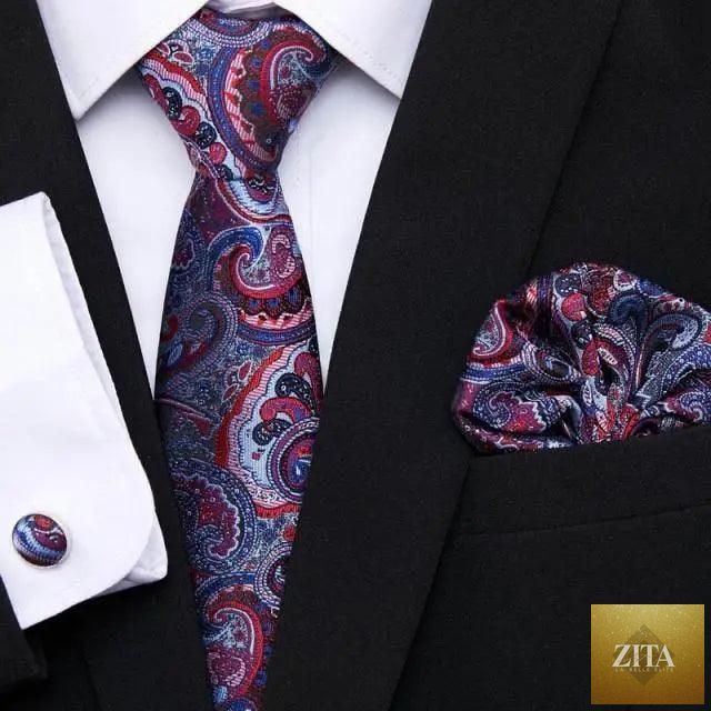 Men's elegant red silk tie, classic necktie with cufflinks set and matching handkerchief, perfect for wedding or business attire.