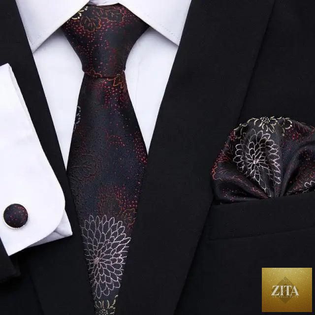 Men's elegant red silk tie, classic necktie with matching cufflinks and handkerchief, perfect for wedding suits and formal business wear.